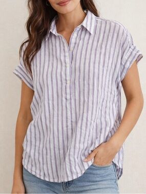 RALPH LAUREN 100% Linen Top Medium Purple Striped Short Sleeve Collared Blouse